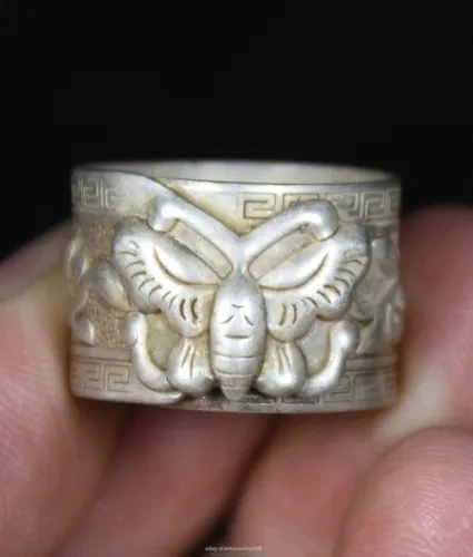 2 см Редкий Старый китайский Miao Серебряный фэн-шуй цветок бабочка кольцо