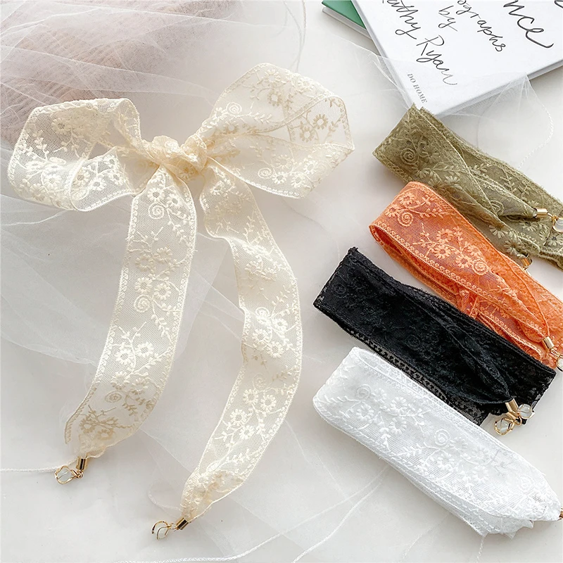 

Women Original Niche Lace Long Scarf 150x5cm Black White Headband Bag Ribbon Lace Flower Pendant Streamer Hair Band Small Shawls