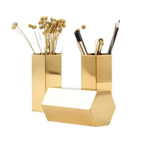 nordic gold pen holder vase hexagonal shape diamond makeup brush storage organizer golden flower vase metal table decoration