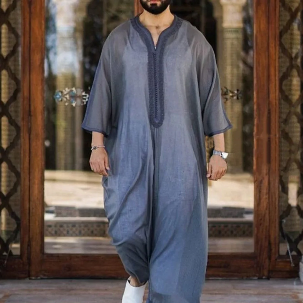 Men Retro Modern Casual Loose Solid Color Islamic Clothing Eid Ramadan Muslim Fashion V Neck Caftan Robe Sets islamic clothing