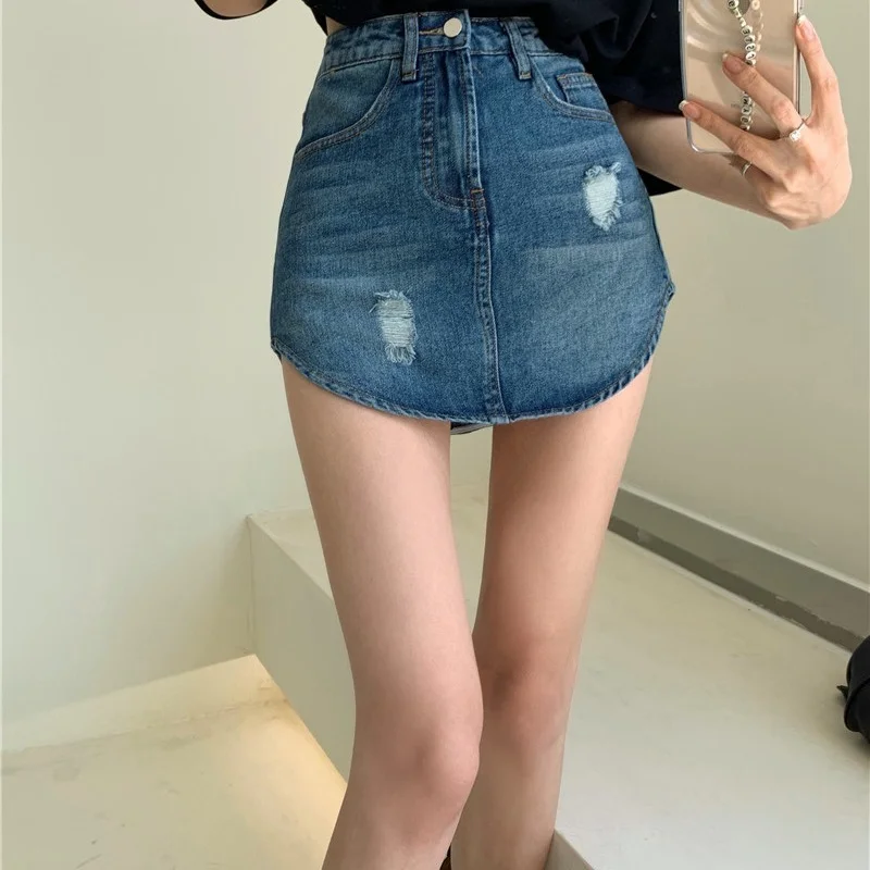 

Ripped Irregular Aesthetic Bodycon High Waist Tight Denim Skirt Inner Short Jeans Cloth Sexy Street Clothing Hotpant Harajuku