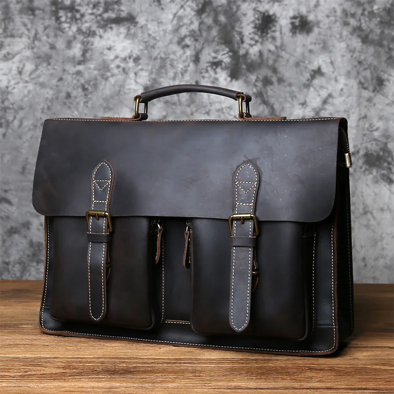 Retro Leather Men's Handbag Horse Leather Horizontal Computer Bag Top Layer Shoulder Leather Casual Designer Messenger Briefcase