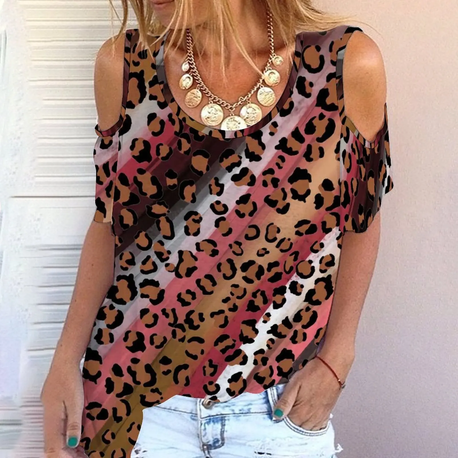 

Foreign trade T-shirt women's off-the-shoulder printed leopard print off-the-shoulder o-neck short-sleeved T-shirt large size
