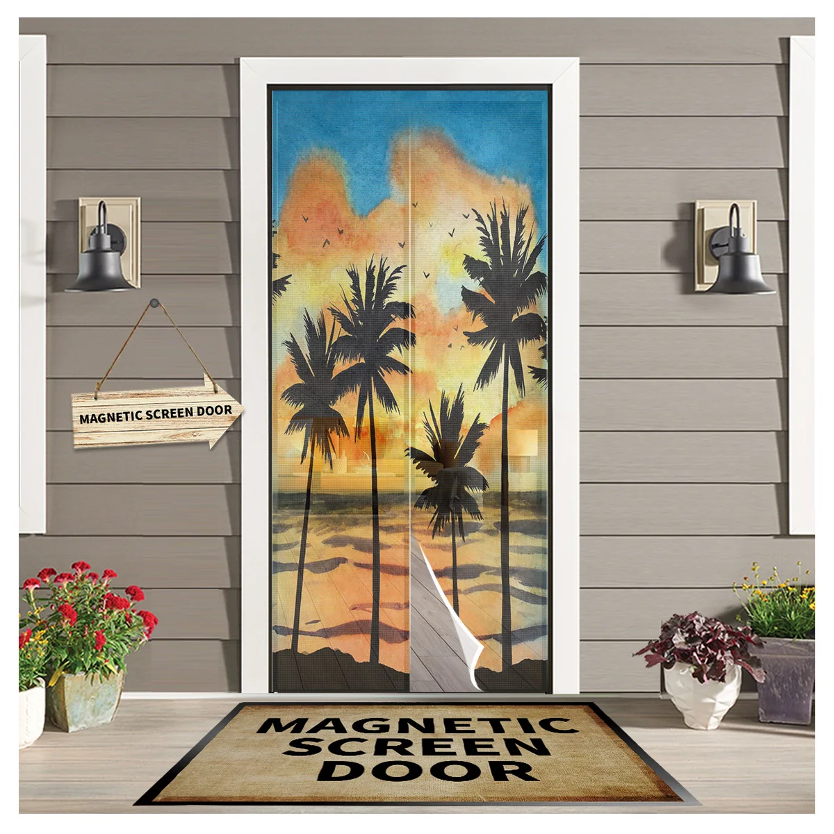 

Пляжная закат пальмы акварель Магнитная Дверь Окно экран занавеска летняя москитная сетка магнитная сетка для дома дверной экран