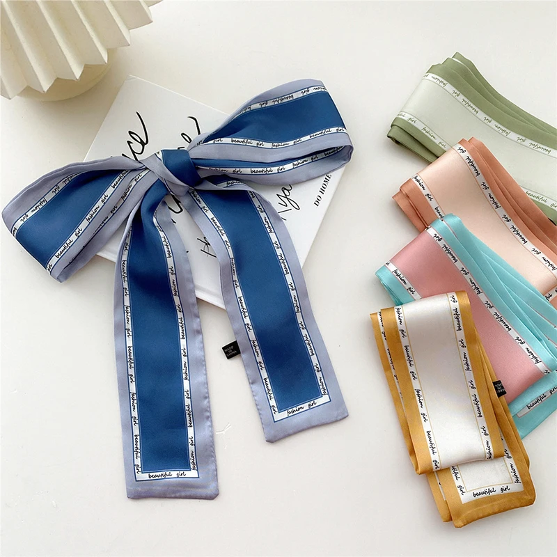 

Narrow Long Satin Scarf Print Flat Angle Neck Scarf Decoration Female Small Scarves Waistband Hair Band Bag Ribbon Neckerchiefs