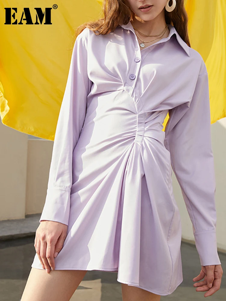 

[EAM] Women Purple Irregular Pleated Shirt Dress New Lapel Long Sleeve Loose Fit Fashion Tide Spring Autumn 2023 1DD6185