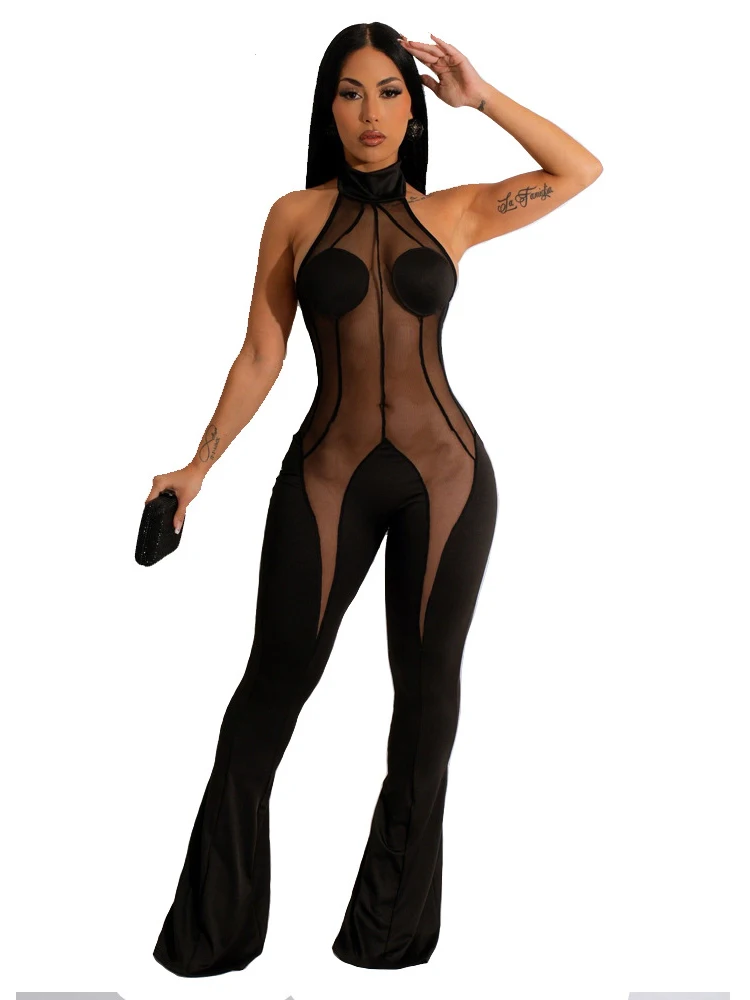 

Szkzk Patchwork Mesh Sheer Bodycon Long Jumpsuit For Women Night Club Rompers See Through Party Sexy Backless Outfits Jumpsuits