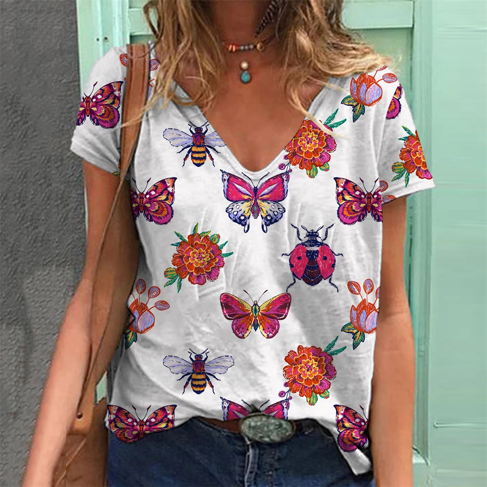 

Женская футболка с коротким рукавом, V-образным вырезом и принтом бабочки