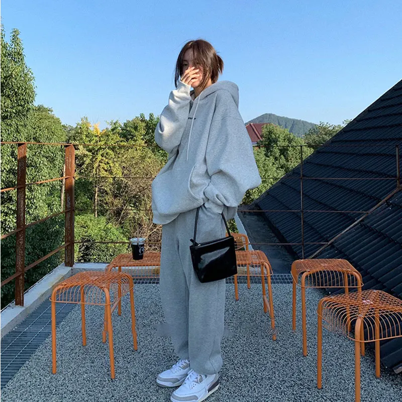 Korean Fashion Grey Fleece Thicken Baggy Pullover Pocket Letter Printing Sweatshirt Lazy Casual Raglan Sleeves Hoodie Autumn