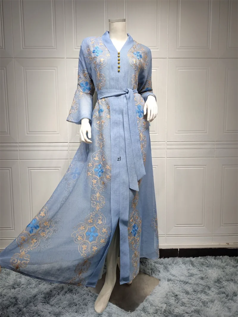 Turkey Dresses For Women Luxury Embroidered Long Dress Flared Sleeves Belted Kaftan Muslim Party Robe Abaya Ramadan