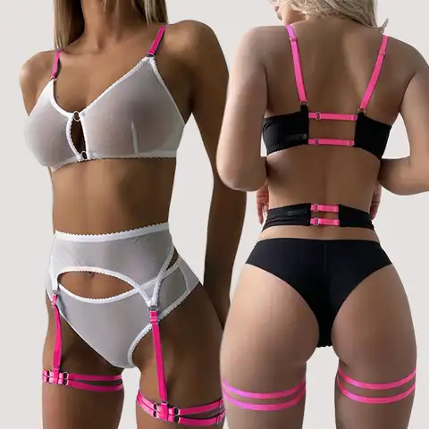 New 3pcs Women Mesh Bra Set Sexy Thong Low Waist Panties Wire Free Bra Bralette Lingerie Brassiere Female Erotic Underwear Set