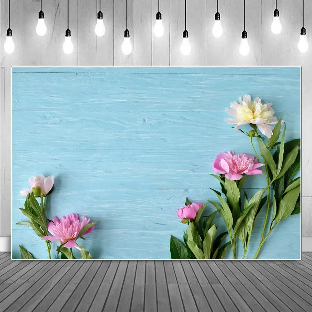 

Blue Plank Flower Peony Branch Decoration Photography Backdrops Custom Floral Wooden Board Self Portrait Party Photo Backgrounds