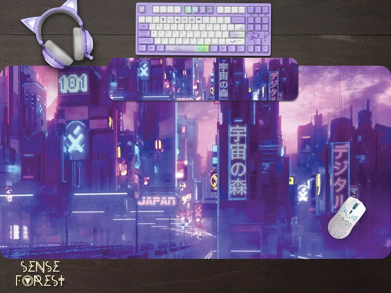 

Purple Neon City mouse pad, Cyber punk Japanese Anime XXL Desk mat, Extended Gaming mousepad wrist rest, cute Landscape Ergonomi