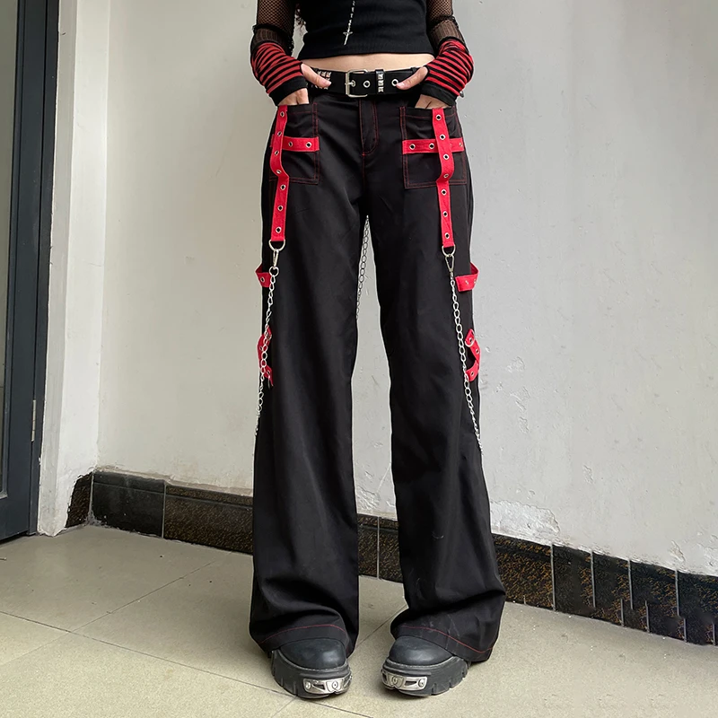 

WeiYao Gothic Cargo Pants Chic Patchwork High Waist Bootcut Sweatpants y2k Aesthetic Casual Pants Punk Grunge Women Streetwear