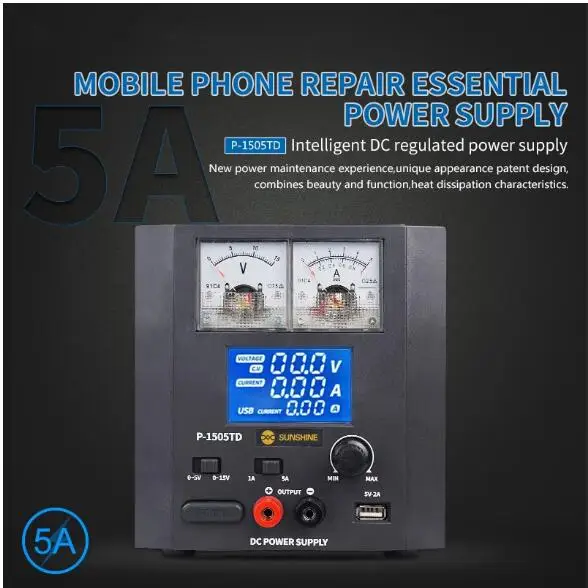 

1505TD Intelligent DC Regulated Power Supply Phone Repair Voltage Regulator 15V 5A DC Power Supply With 5V 2A USB Charging Port