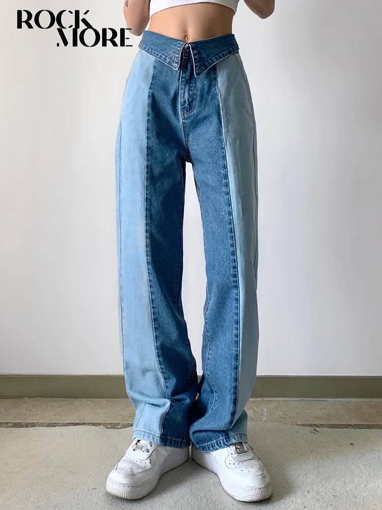 

Rockmore Contrast Patchwork Jeans Streetwear Women's High Waist Pants Vintage Denim Trousers Y2K Harajuku Baggy Jean Korean 90s