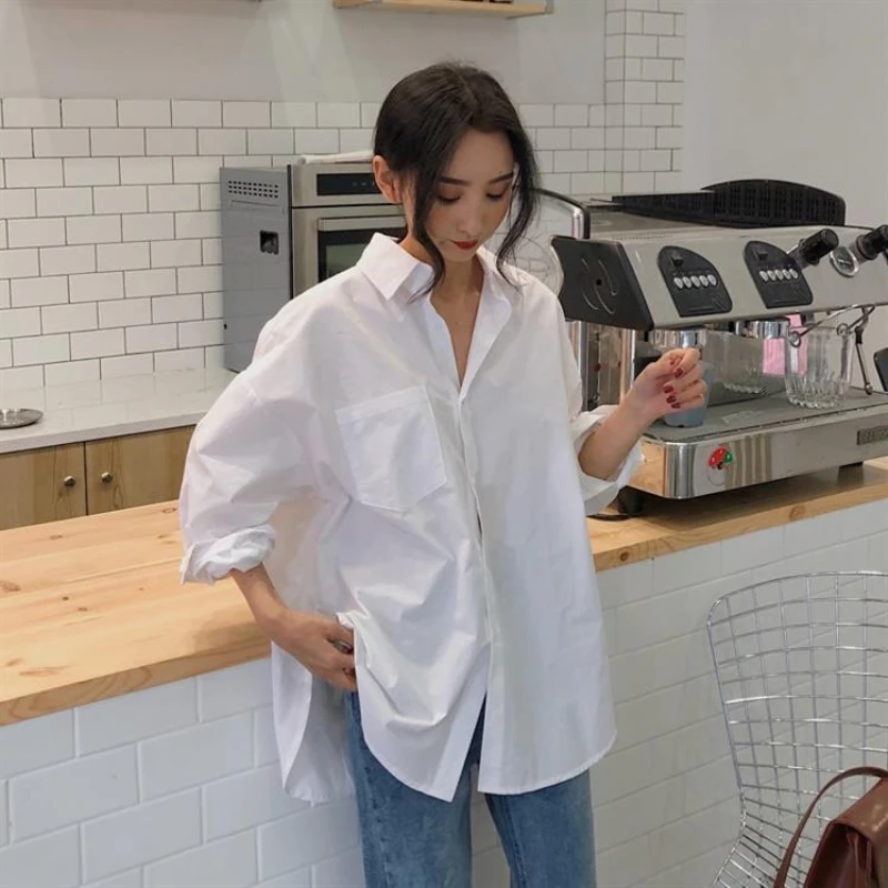 

Korea Fashion white shirt Chic Autumn All-Match Basic Lapel Single-Breasted Side Slit Loose Casual Long Sleeve Shirts Women Tops