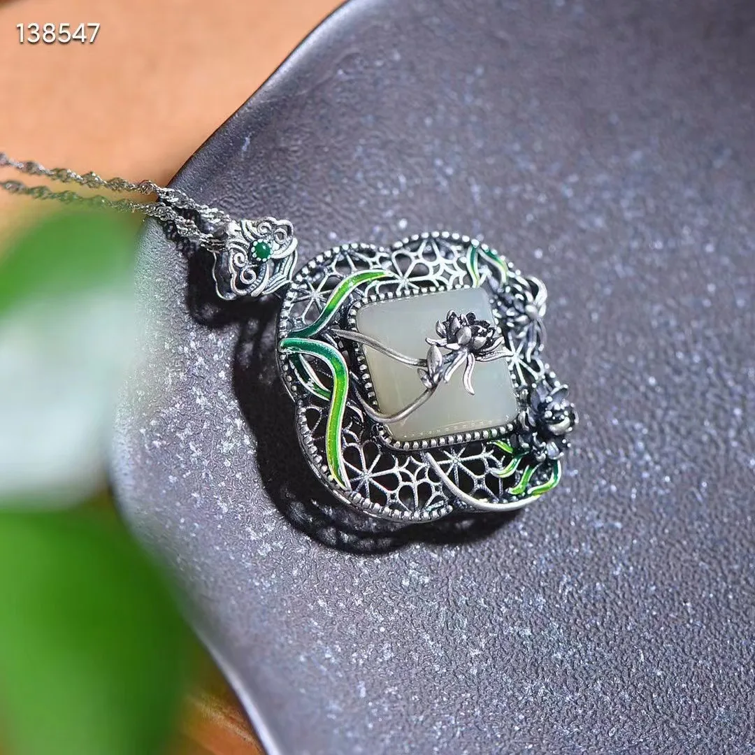 Женское ожерелье из серебра 100% пробы с мозаикой белого нефрита