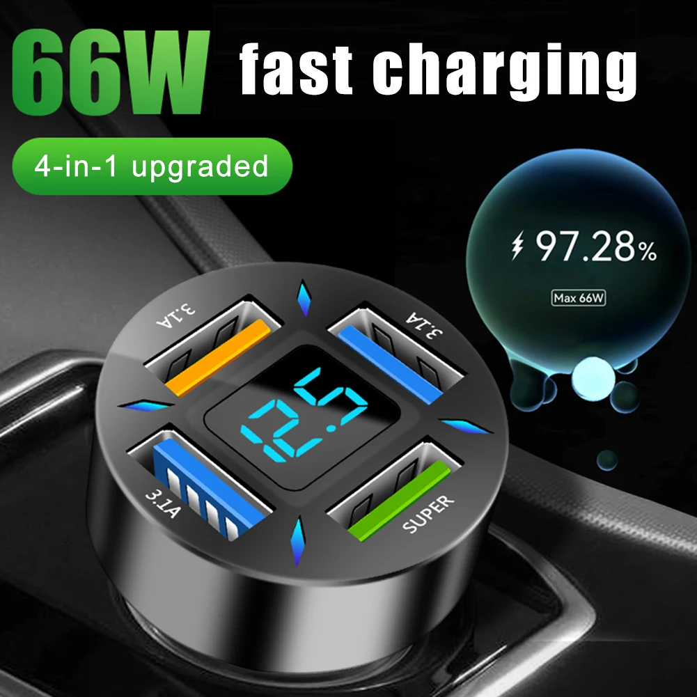 

66W 4 Ports 4.8A 5V Car Chargers Fast Charging PD Quick Charge QC3.0 With LED Voltmeter Car Phone Adapter For iPhone 14 13 XiaoM