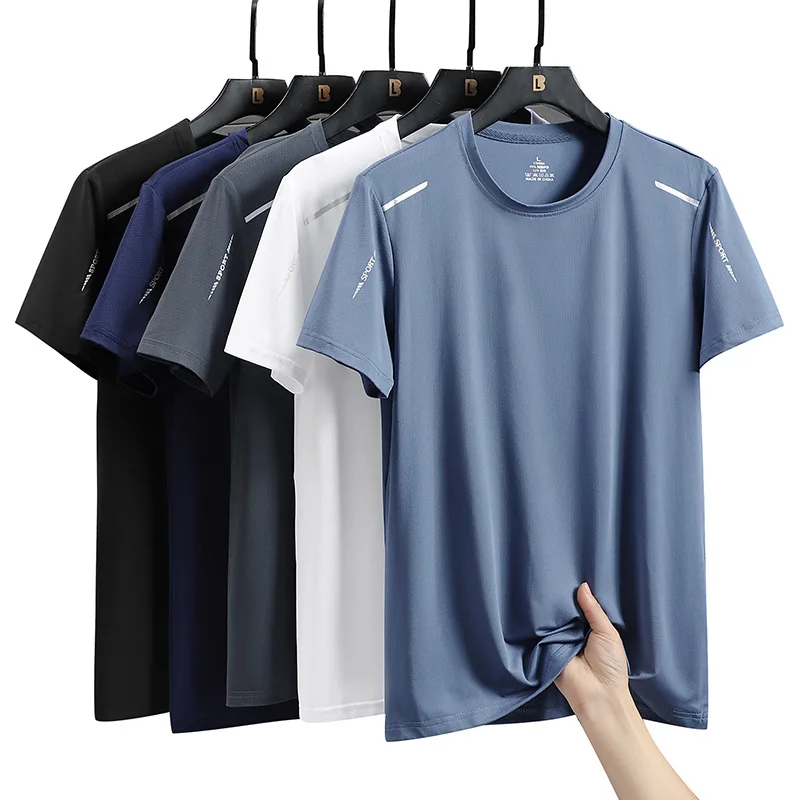 Ice Silk T-shirt Men's Quick Drying Short Sleeve T-shirt Summer High Elastic Ice Breathable Trendy Top Sports T-shirt Running