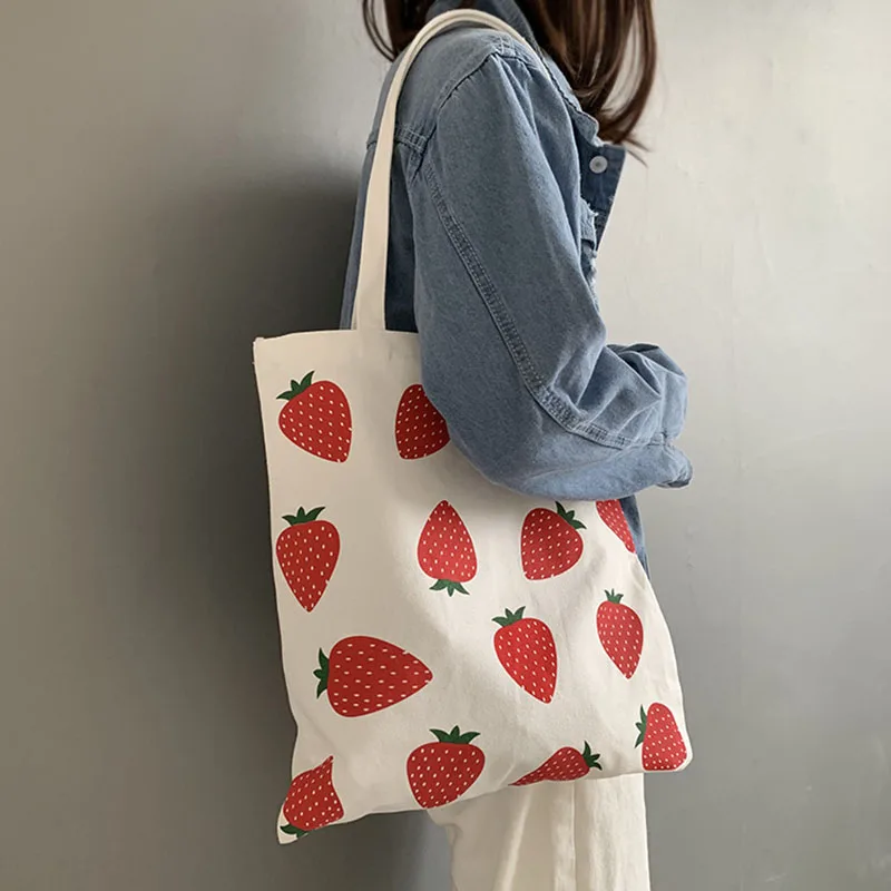 

Women Canvas Shopper Bag Large Eco Shopping Strawberry Printing Shoulder Bags for Girl Female Student Fold able Handbag