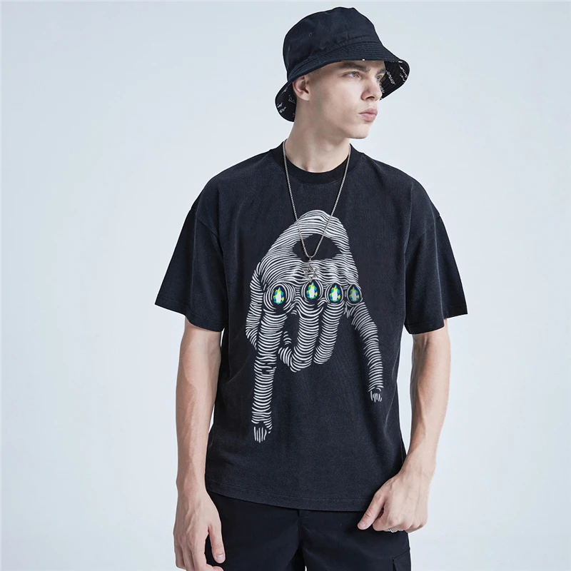 

Colorich T Shirt For Men Ghost Hand Graphic Hip Hop Oversized Half-Sleeve Washed Tshirt High Street Fashion Y2k Clothes Unisex