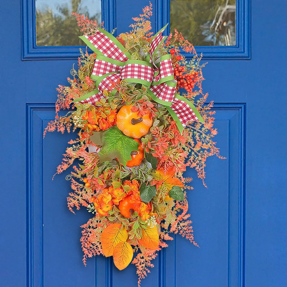 

Artificial Fall Harvest Swag butterflies Pumpkin Thanksgiving Decorative Swags Fake Flowers Fall Harvest Teardrop Front Door