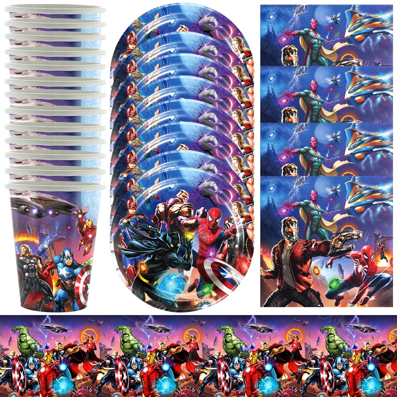 

61pcs/lot Avengers Theme Tablecloth Happy Birthday Party Plates Cups Dishes Decoration Baby Shower Napkins Towels