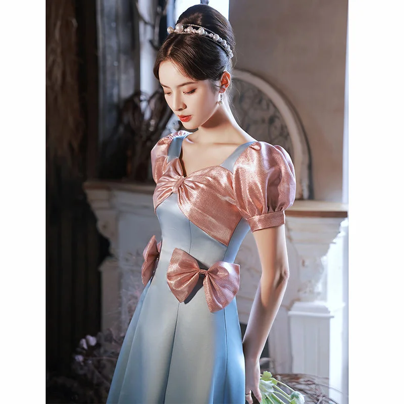 

2022 Summer New Light Luxury Dress Women High-grade Sense Pink Bow Decoration Waist Closing Thin Sweet Princess Long Dress