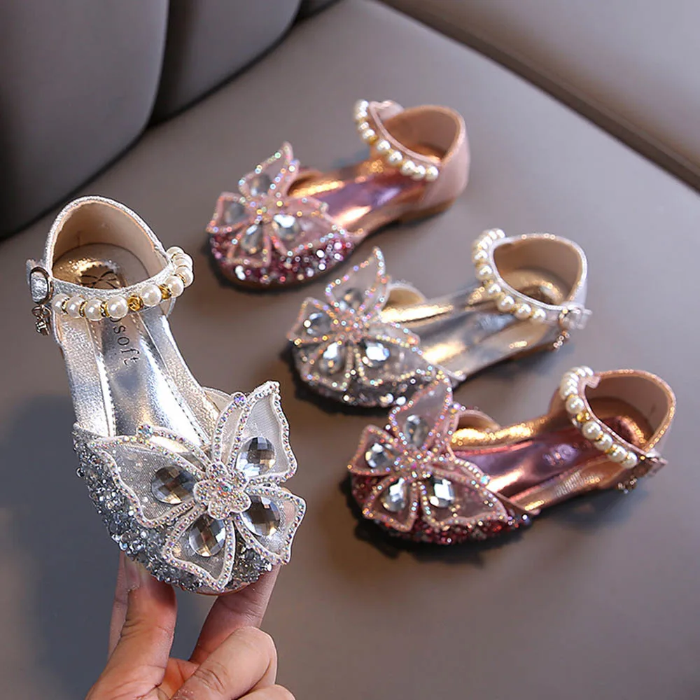 

Модные детские туфли с блестками и кружевом и бантом для девочек, милые повседневные туфли принцессы для танцев с жемчугом, новая детская пр...