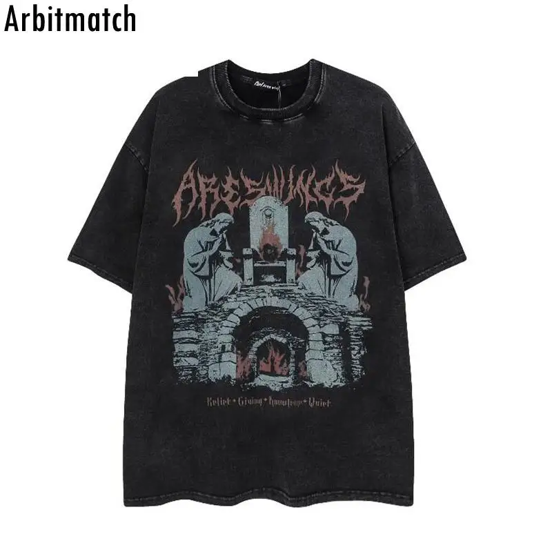 

Футболка мужская оверсайз с графическим принтом, Готическая стирка, хлопок, короткий рукав, винтажная уличная одежда в стиле хип-хоп, дизайнерский Топ