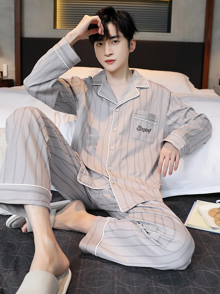 2024 New Pajamas Men's Spring and Autumn Cotton Long sleeve Pants Loose Simple Winter Home Wear Set