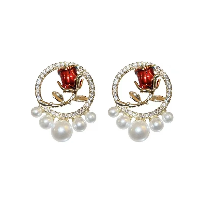 

Metallic Gold Color Circle Pearl Drop Earrings for Women Shining Zircon Rose Flowers Dangle Earring Fashion Jewelry Pendientes