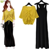 2022 loose casual sweater blouse thin summer new womens hollow out two piece batman womens suit long skirt