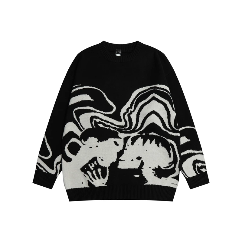 

Hop Hip Neck Clothes Knitted Retro Oversized Print Round Men's Spliced Lovers Streetwear Pullover Autumn Sweaters Harajuku