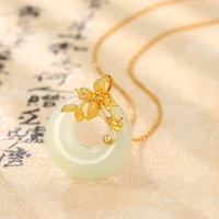 womens retro flowers gold plated necklaces inlaid with hetian white jade stone pendant necklace white chalcedony jewelry d868