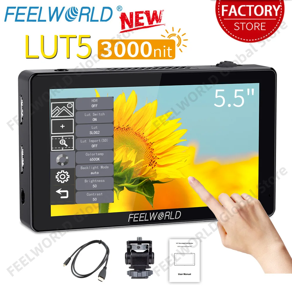 

FEELWORLD 5.5 Inch 3000nit Touch Screen DSLR Camera Field Monitor 1920x1080 IPS 4K HDMI Input Output Auto Dimming HDR 3DLUT LUT5