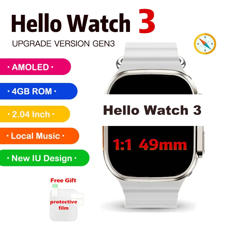 

Hello Watch 3 Smart Watch Men H12 Ultra Upgrade Amoled Bluetooth Call Compass NFC Heart Rate Monitor 4GB ROM 2023 Smartwatch Men