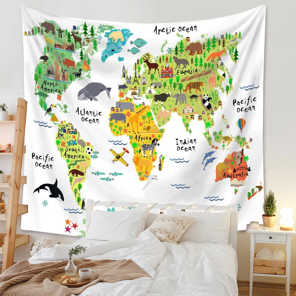 

Animal World Map Tapestry High-Definition Map Fabric Children's Room Decoration Tapestry Wall Hanging Garden Posters for Outside