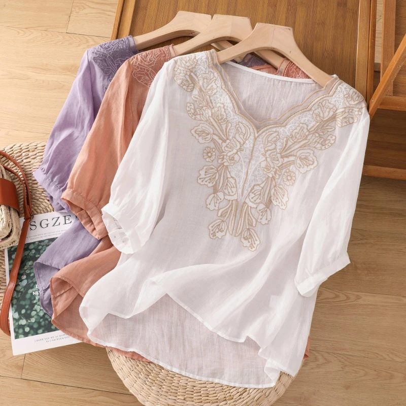 

Embroidery Women's Shirts Summer 2023 New Cotton Linen Vintage Blouses V-neck Ladies Clothing Loose Short Sleeves Tops YCMYUNYAN