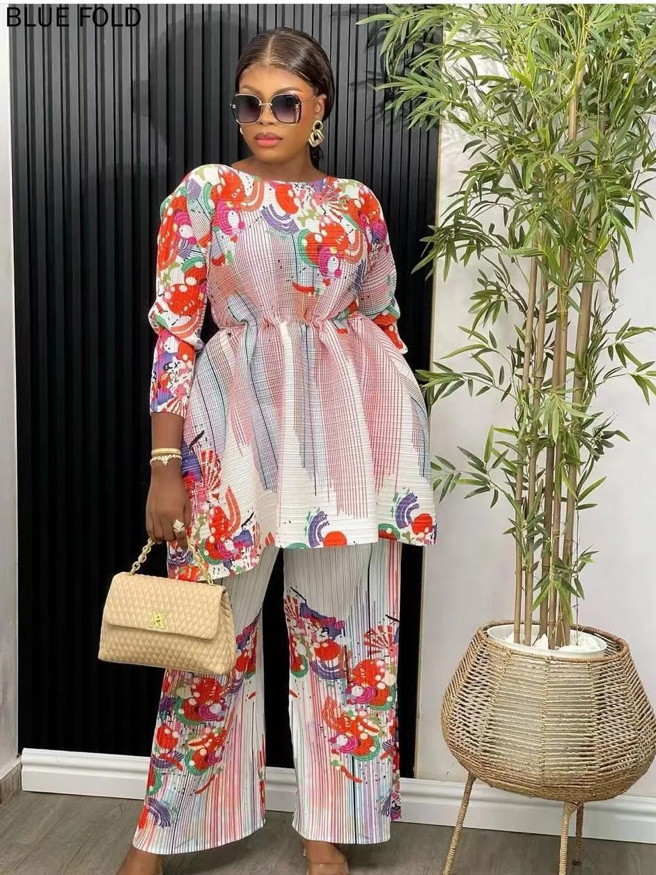 Костюм Miyake модный плиссированный топ с принтом на шнурке брюки большого размера