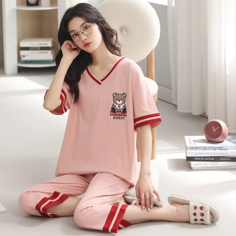 2022 Spring Summer Fashion Women's Casual Lovely Striped Sleepwear Homewear Pajamas Women Set With Calf-Lenght Pants Bear