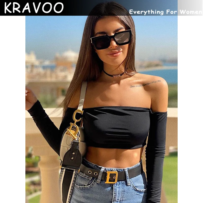 

Женская футболка KRAVOO, новинка 2023 года, модные женские Топы без бретелек и бретелек, сексуальные летние топы с вырезом-лодочкой