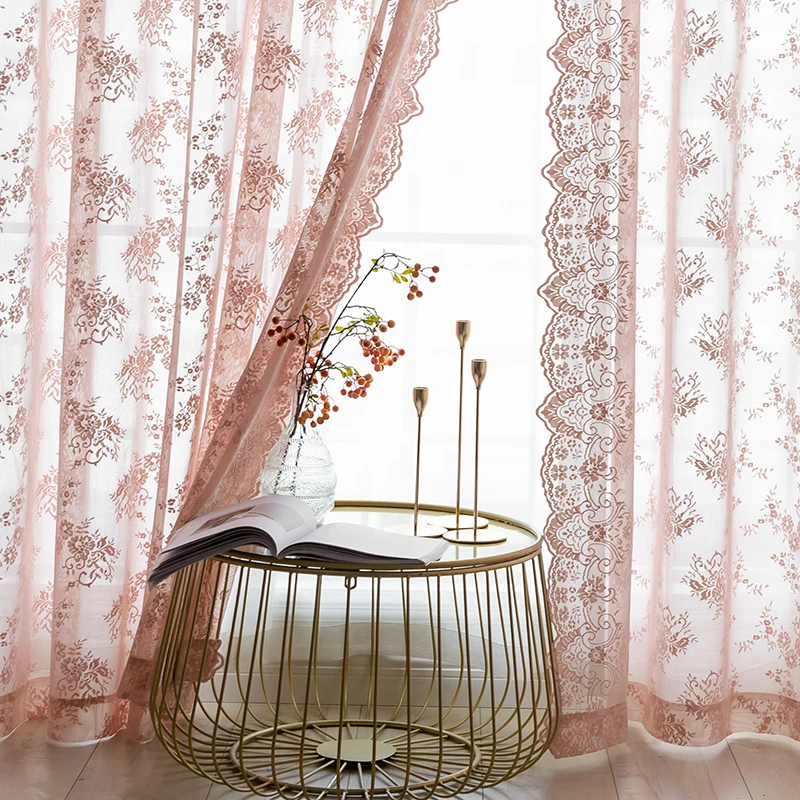 

Pink Lace Sheer Curtains for Living Room Bedroom Balcony Door Finished Backdrop Curtain European Floral Tulle White Window Decor