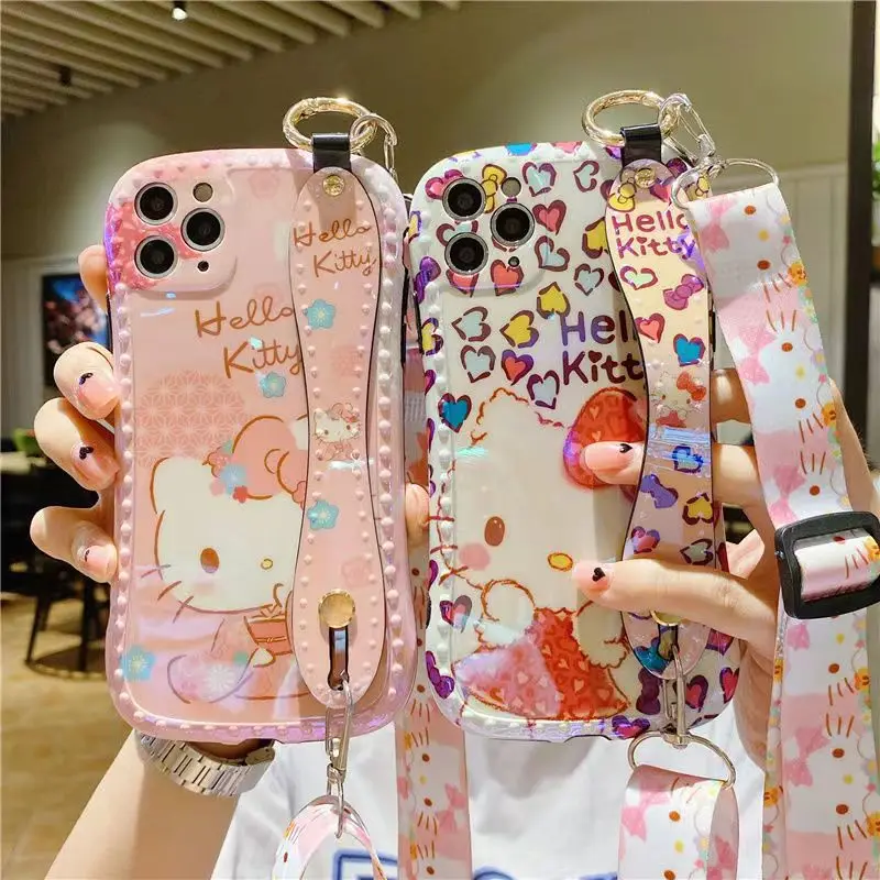 

Cartoon Cat Love Heart Hello kitty Phone Case For Iphone 11 12 Pro Max X Xs Xr 7 8 Plus SE 2020 With Lanyard wrist holder Cover