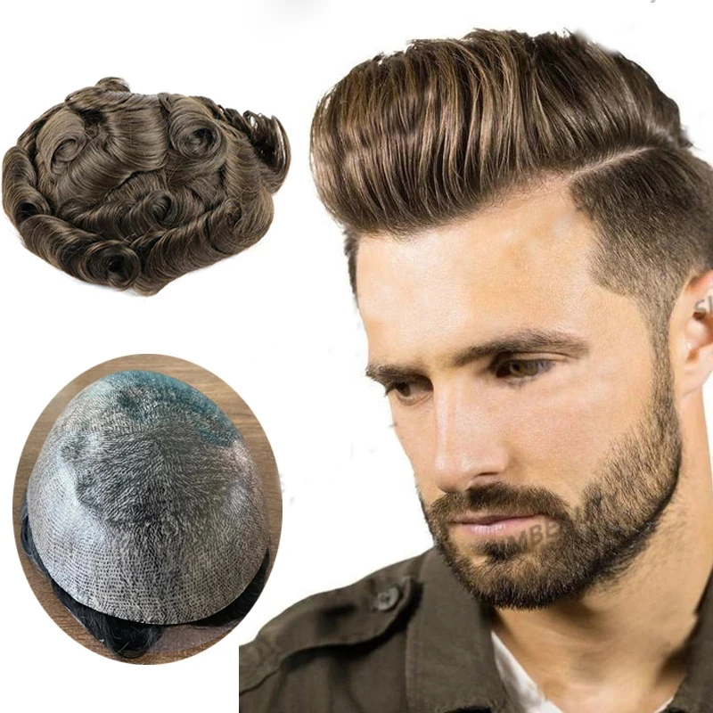 Brown Toupee Durable Thin Skin Full PU Natural Hairline Human Hair Wig System Mens Microskin Capillary Prosthesis Hairpiece Unit