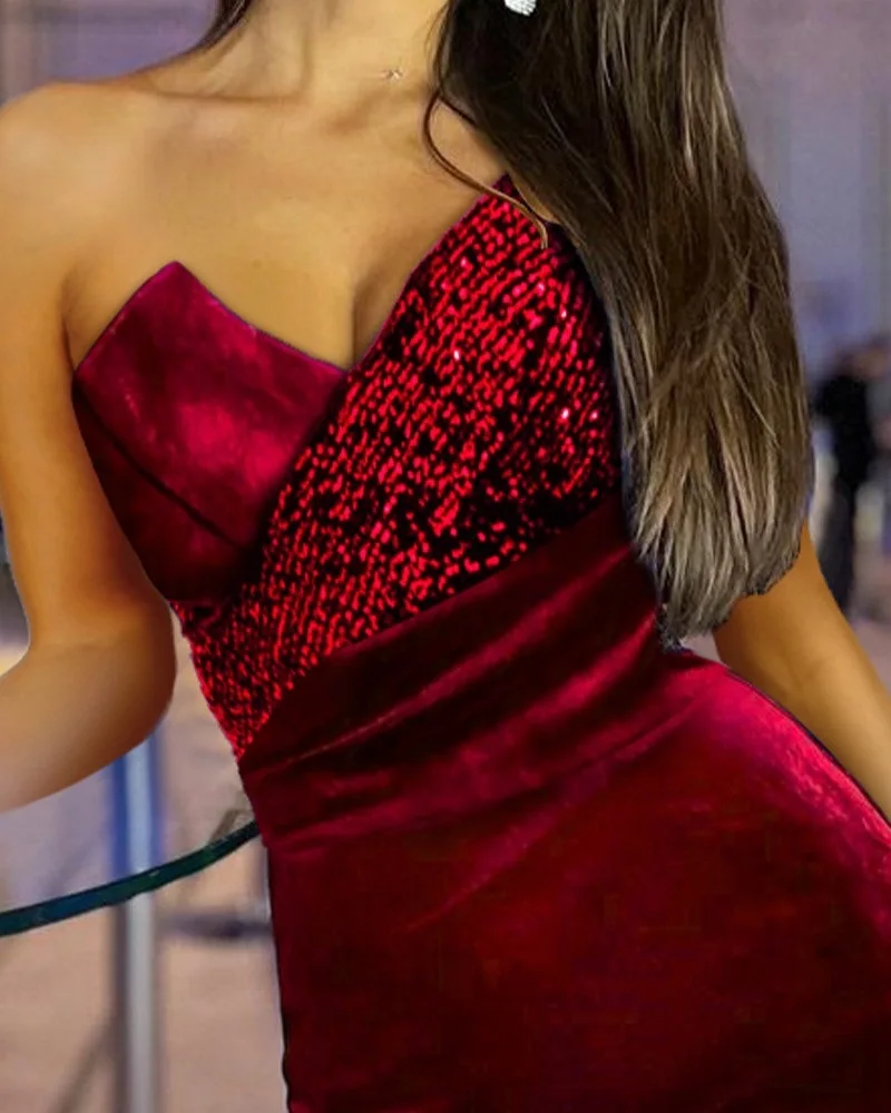 Women Sexy Sequined Patchwork Prom Evening Dress Strapless Sleeveless Slim Party Dress Fashion Bodycon Nightclub Dresses