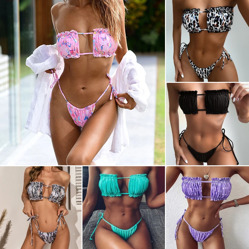 

Women's Swimsuit Sexy Bandeau Bikini Tie Thong Summer Thin Beach Bathing Suit Sexy Two Piece Newly