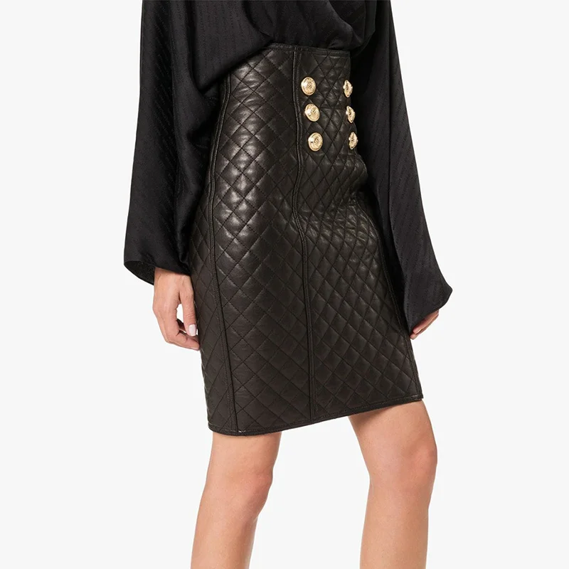

HIGH QUALITY Black Quilted Lining Skirt Winter Classic Lion Buckle Stitching Rhombic Zipper High Waist PU Leather Women Skirts