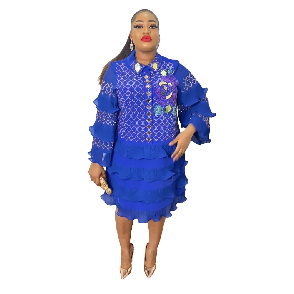 XL-5XL plus size Dresses for Women Summer Women Long Sleeve Green Pink Yellow Black Knee-length Dress African Clothes
